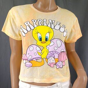 LOONEY TUNES Tee Shirt M Tweety Bird Mushrooms Happiness Tie Dye Boxy Crop SS